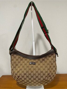 Brown Monogram Canvas Shoulder Bag with Green-Red Web Strap